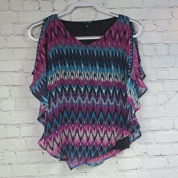Roz & Ali Petite XS Purple Teal Aztec Flowy Short Sleeve Scarf Drape Tank Blouse - Picture 1 of 5
